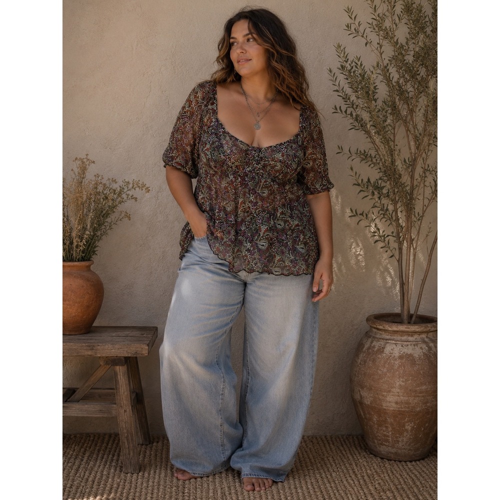 Torrid Womens Plus 2 Paisley Sheer Mesh Empire Waist Ruffle Blouse IN004529